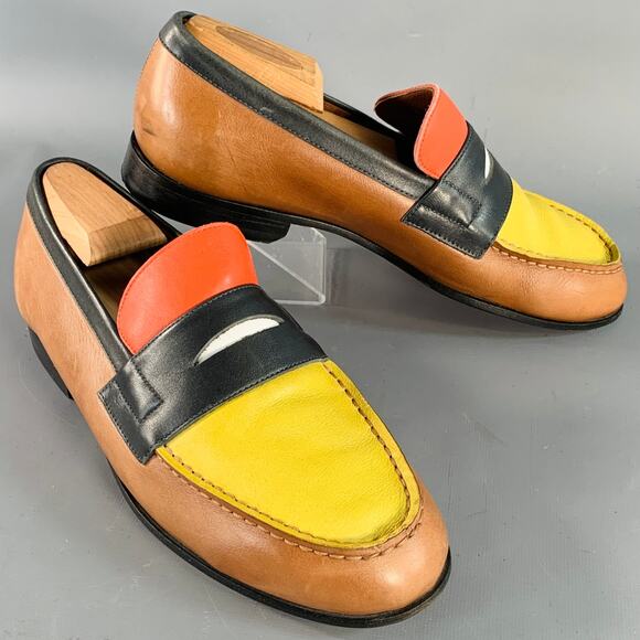 Size 8 Tan Multi Color Color Block Leather Slip On Penny Loafers